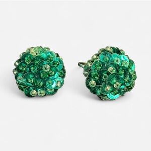 Vintage Green Sequin Floral Clip-On Earrings – Mid-Century Cha-Cha Style